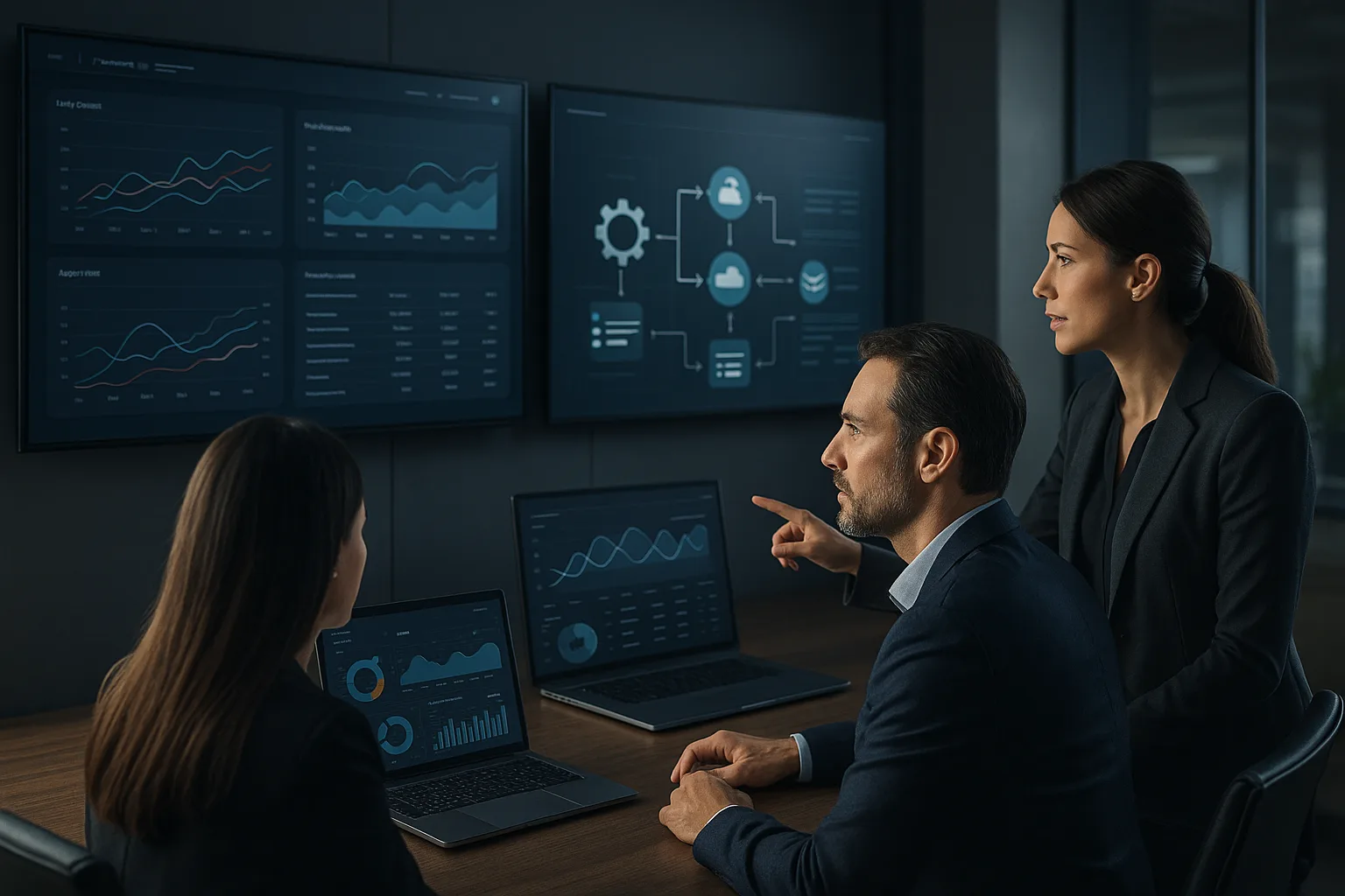 Ambiente executivo moderno com profissionais analisando dashboards de automação e dados em grandes telas, representando integração digital e operações empresariais com IA.