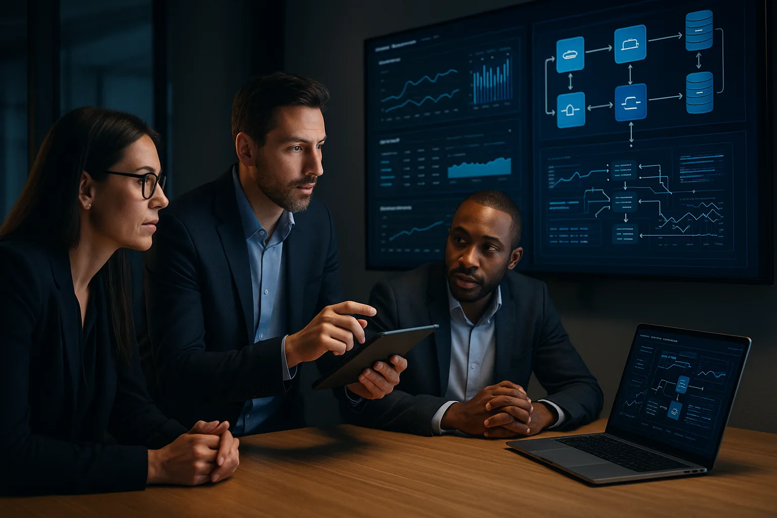 Profissionais em ambiente executivo moderno analisando integrações de sistemas em dashboards sofisticados, representando robustez e monitoramento em projetos de integração.