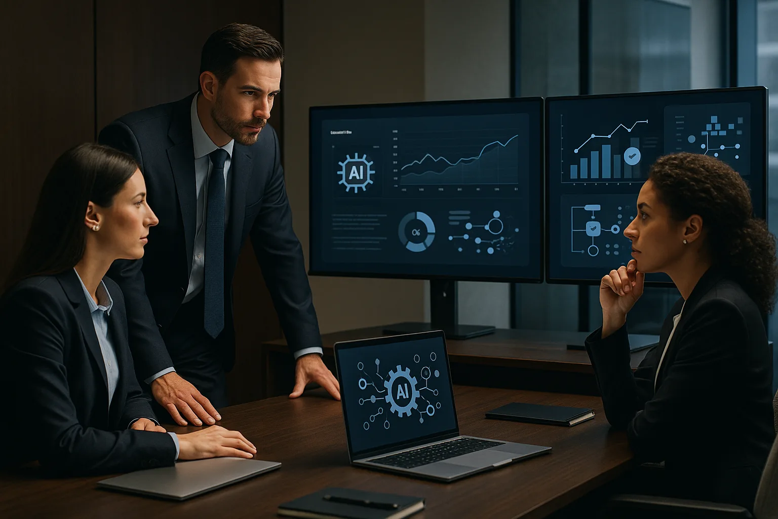 Profissionais em ambiente corporativo moderno analisando dashboards de IA e dados empresariais em telas elegantes, representando governança e automação com tecnologia.