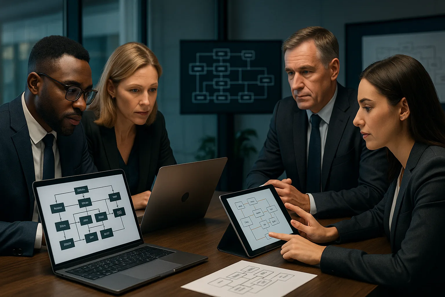 Equipe corporativa analisando modernização de sistemas em ambiente executivo, com laptops e diagramas de software.